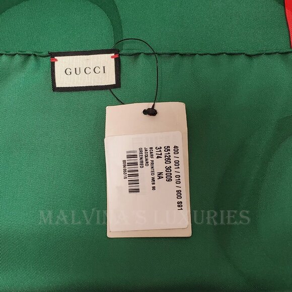 GUCCI SCARF GREEN RED WEB GG LOGO PRINT JACQUARD SILK TWILL FOULARD 35" - Picture 12 of 15